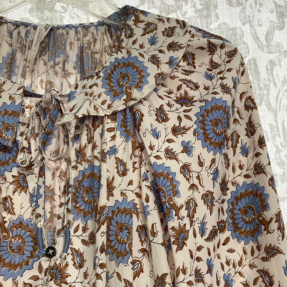 Silky Floral Print Peasant Blouse in Cream and Blue Sz XS fits S (oversized) - Picture 7 of 12